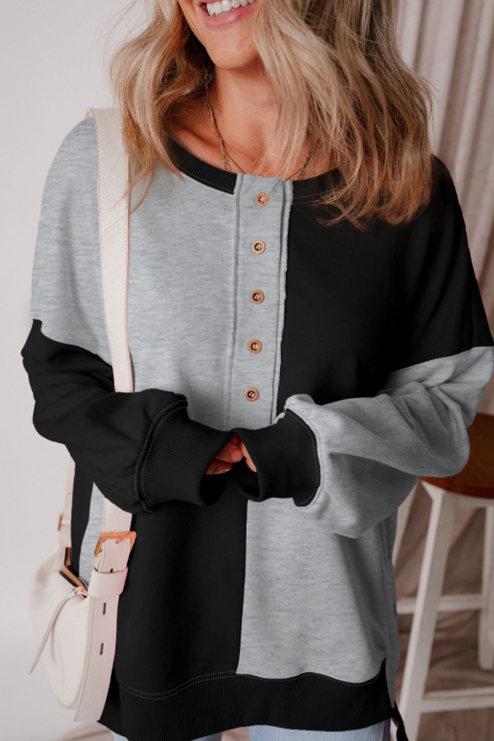 LIZAKOSHT  -  Color Block Half Button Long Sleeve Sweatshirt