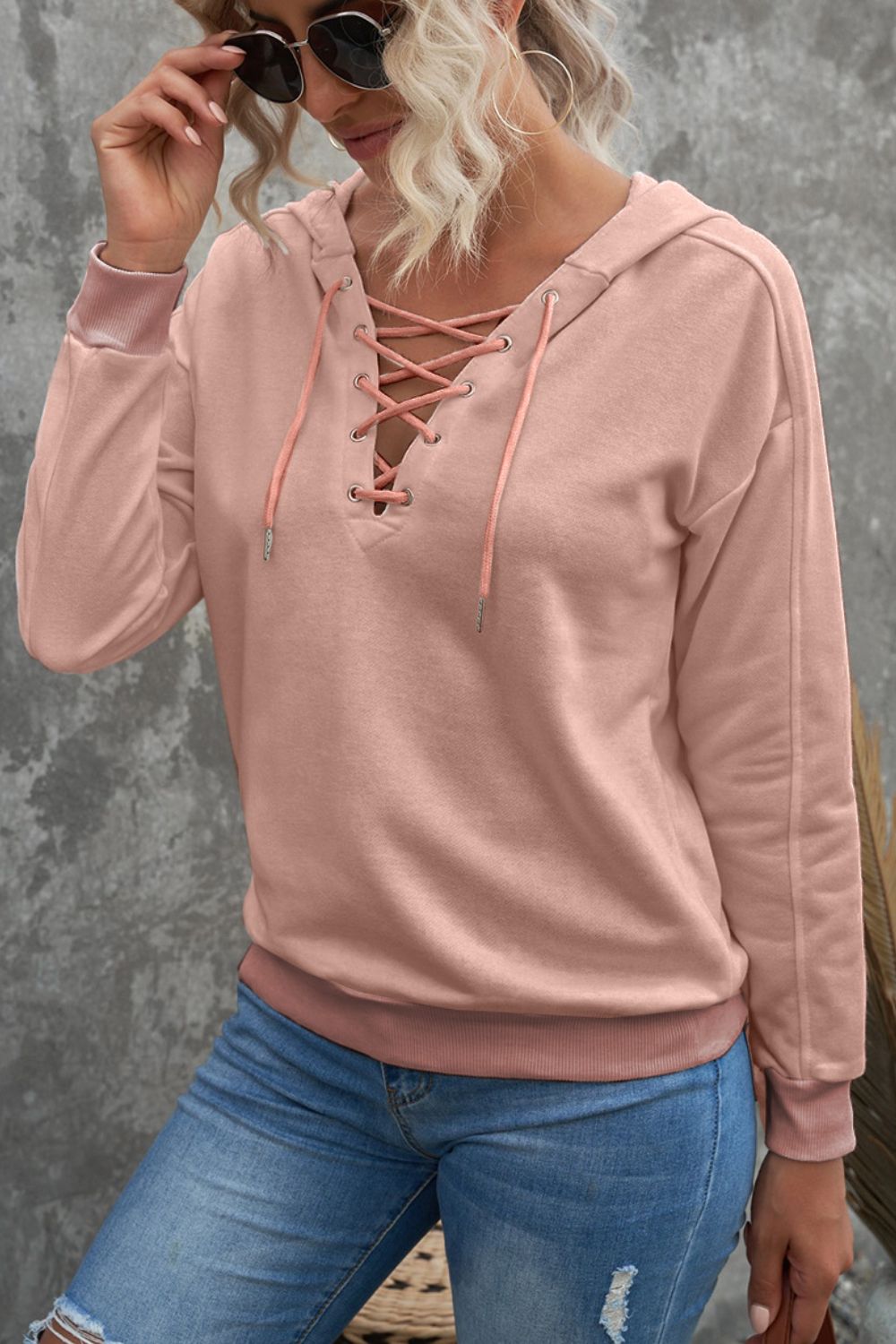 LIZAKOSHT  -  Lace Up Long Sleeve Hoodie