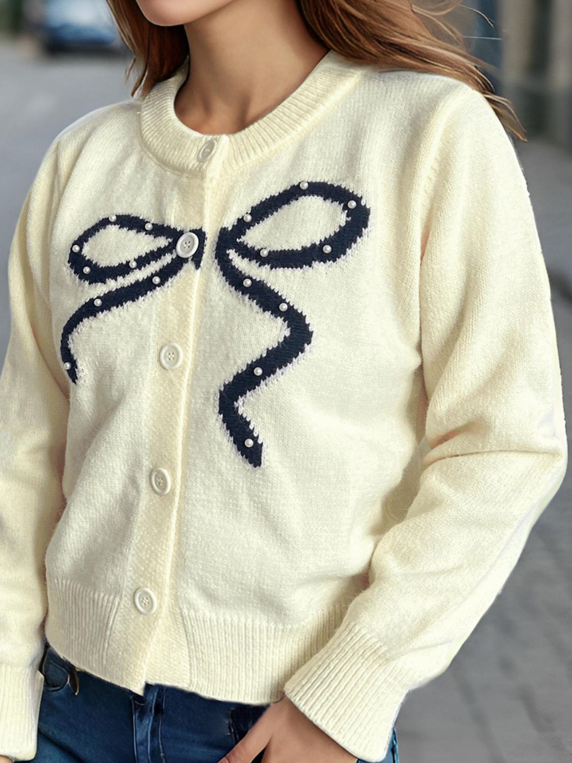 LIZAKOSHT  -  Bow Button Down Round Neck Cardigan