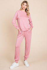 LIZAKOSHT  -  Super Lady Round Neck Raglan Sleeve Top and Drawstring Pants Lounge Set