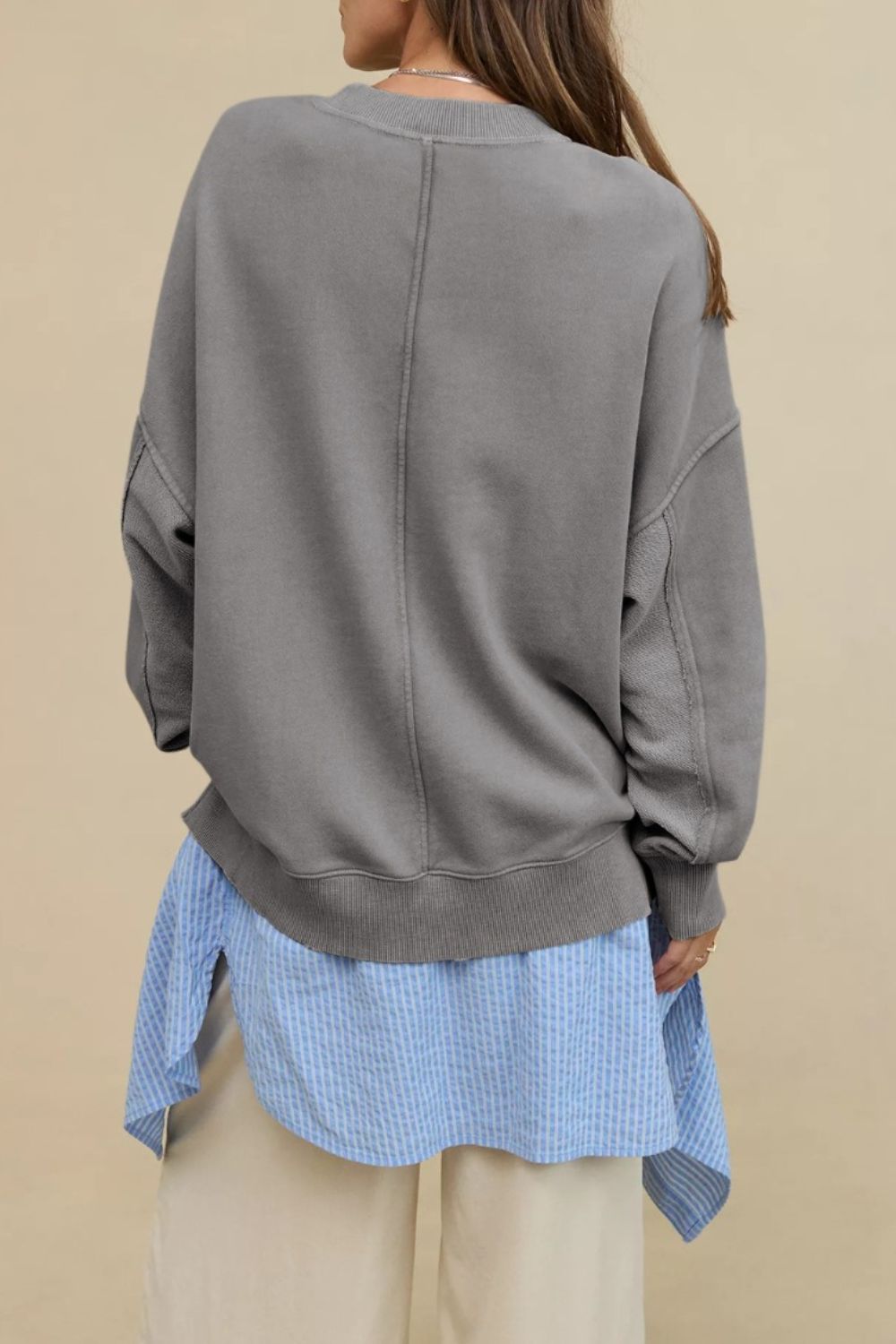 LIZAKOSHT  -  Side Slit Round Neck Long Sleeve Sweatshirt