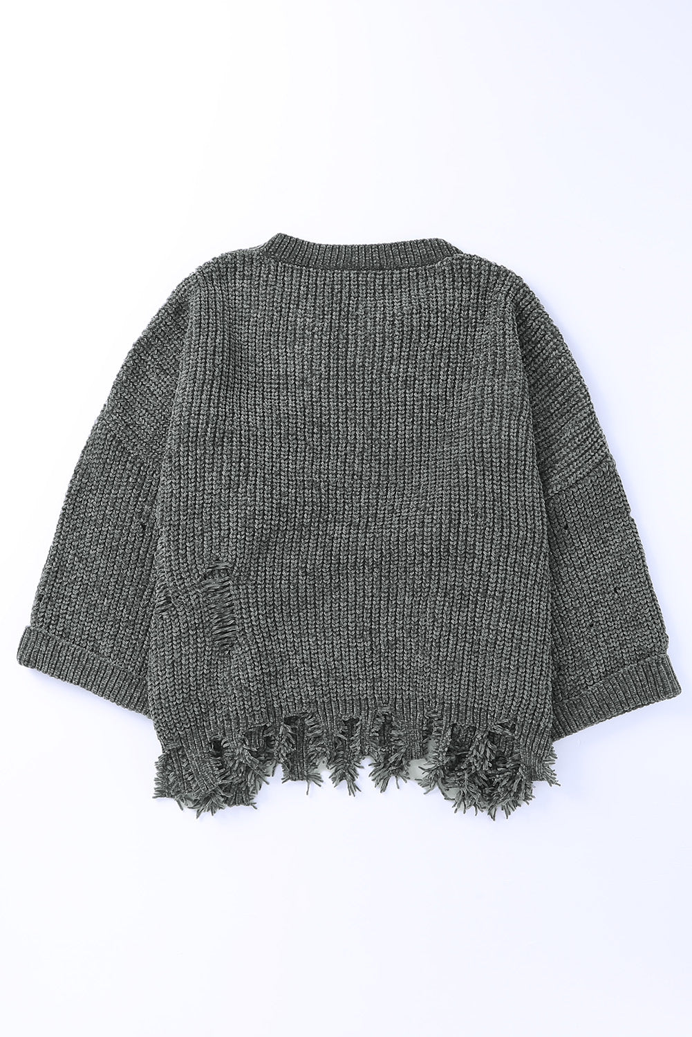 LIZAKOSHT  -  Distressed Round Neck Drop Shoulder Sweater