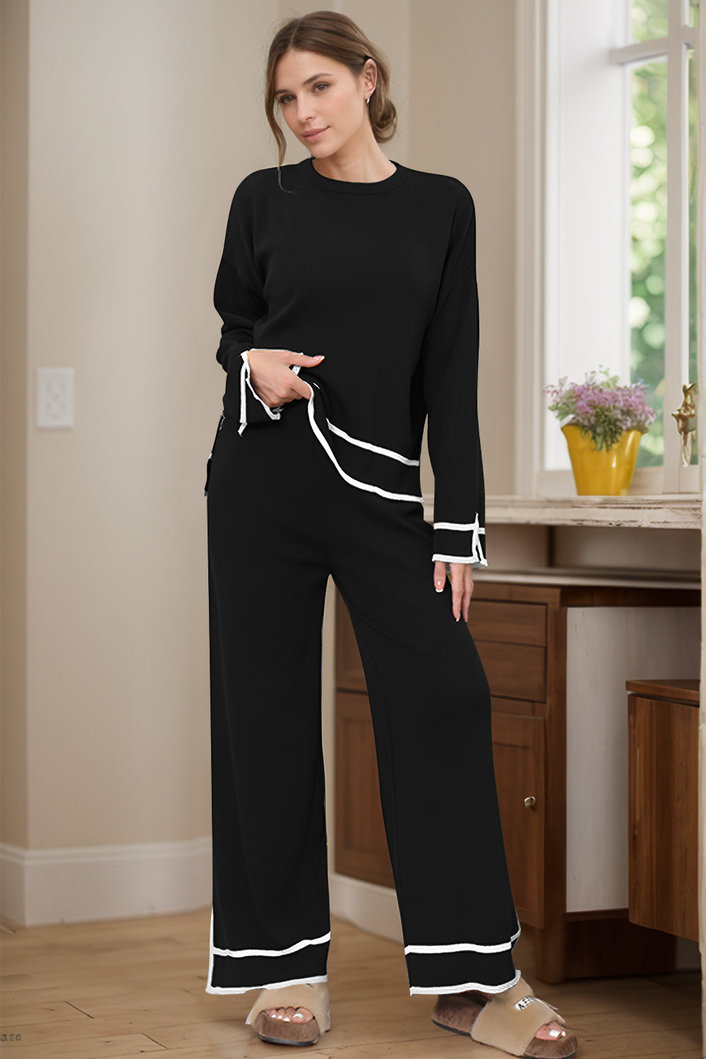 LIZAKOSHT  -  High-Low Round Neck Top and Pants Sweater Set