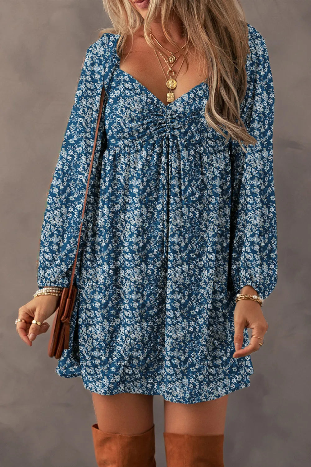 LIZAKOSHT  -  Ruched Printed Long Sleeve Mini Dress