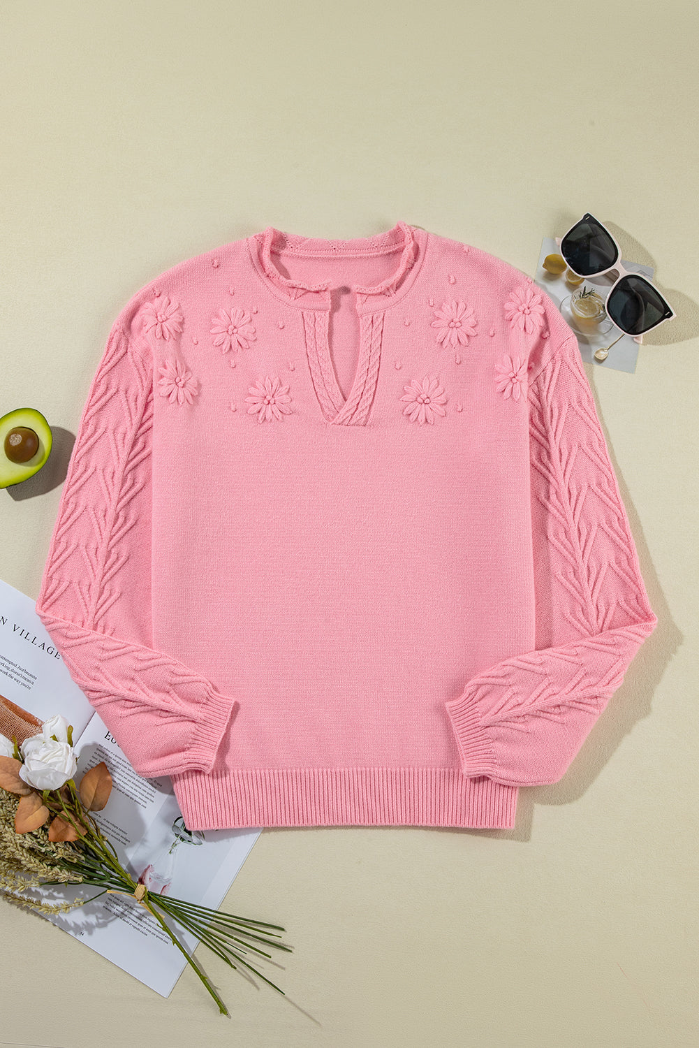 LIZAKOSHT  -  Daisy Notched Long Sleeve Sweater