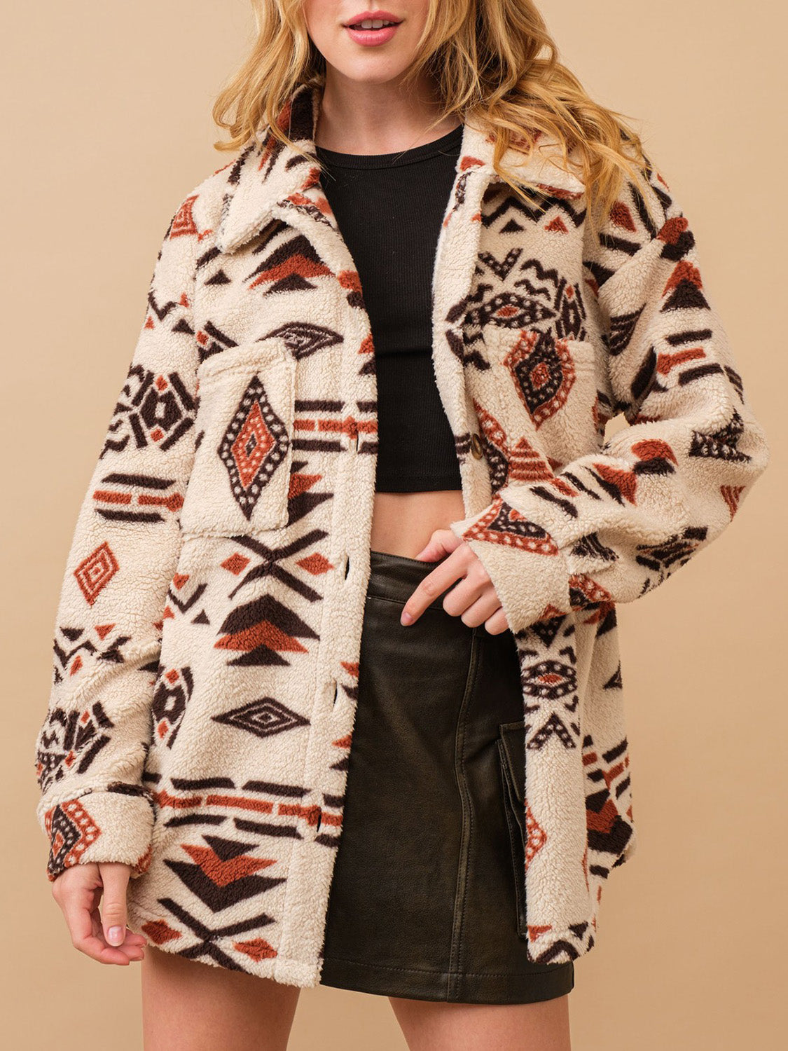 LIZAKOSHT  -  Geometric Button Up Long Sleeve Sherpa Jacket