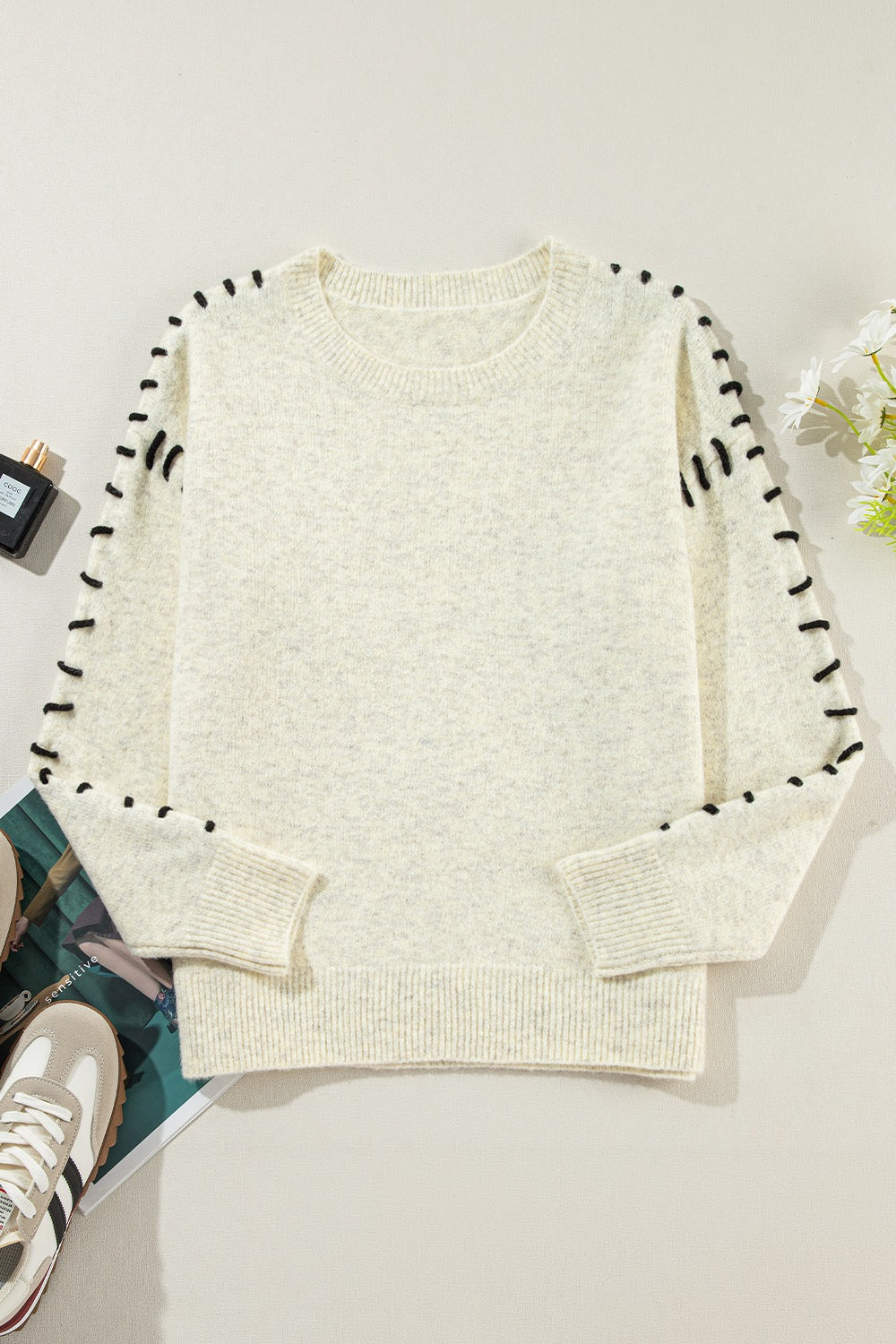 LIZAKOSHT  -  Contrast Stitch Detail Ribbed Trim Sweater