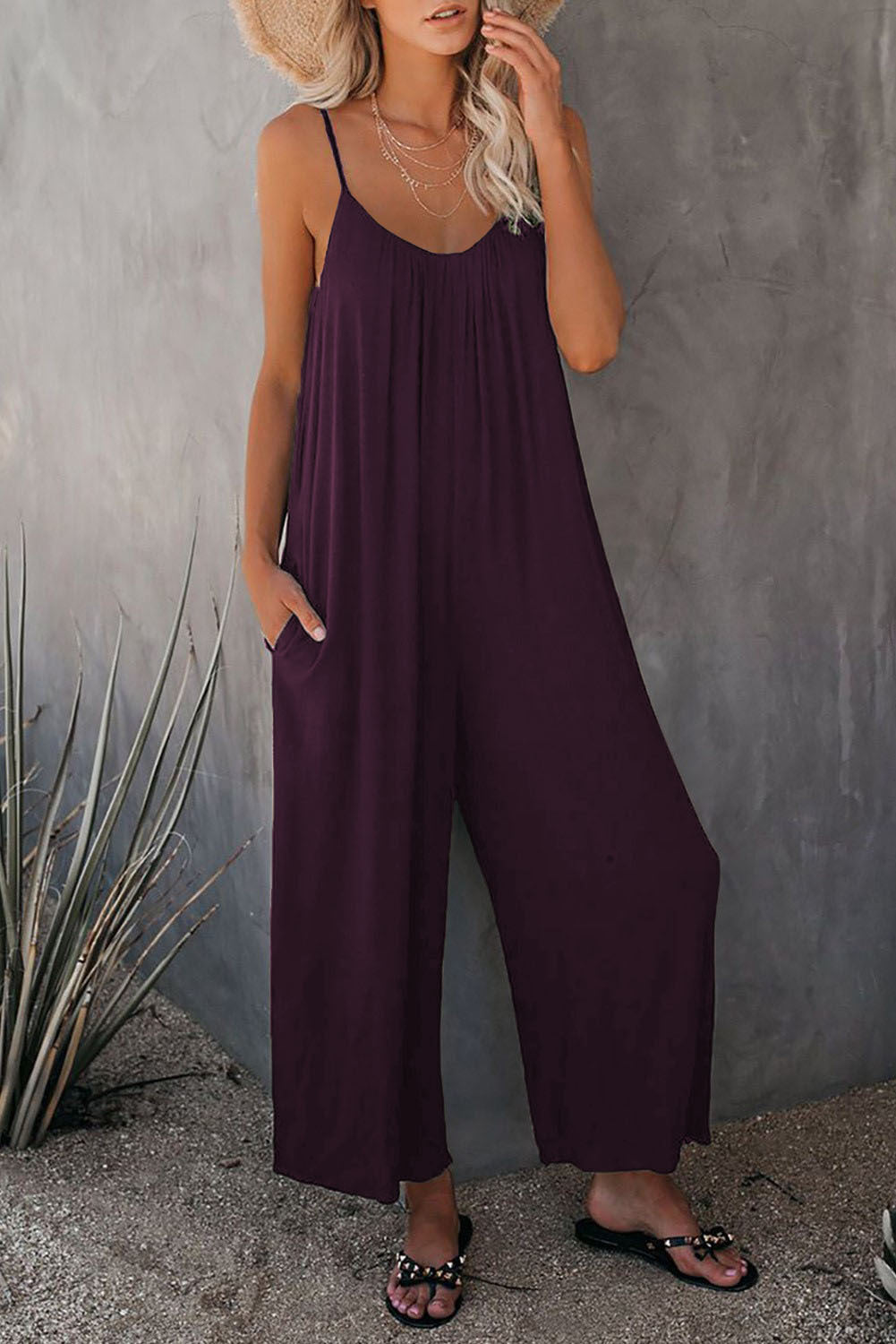 Women's Simple Adjustable Strap Sleeveless Wide Leg Jumpsuit with Pockets for Spring, Summer Clothes Women, Lady Breathable Solid Loose Cami Jumpsuit for Women, New Trendy Comfort Summer One-Piece, Matching Long Pants Playsuit, Womenswear Overalls