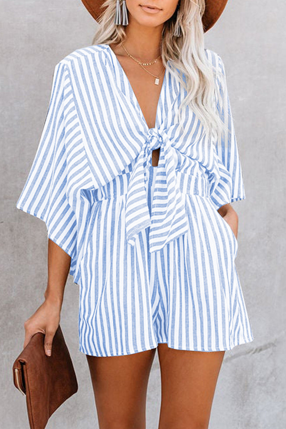 LIZAKOSHT  -  Bow Striped Kimono Sleeve Romper
