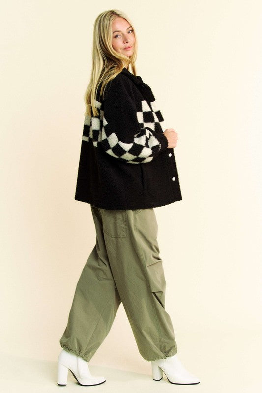 LIZAKOSHT  -  Full Size Checkered Snap Down Faux Fur Jacket