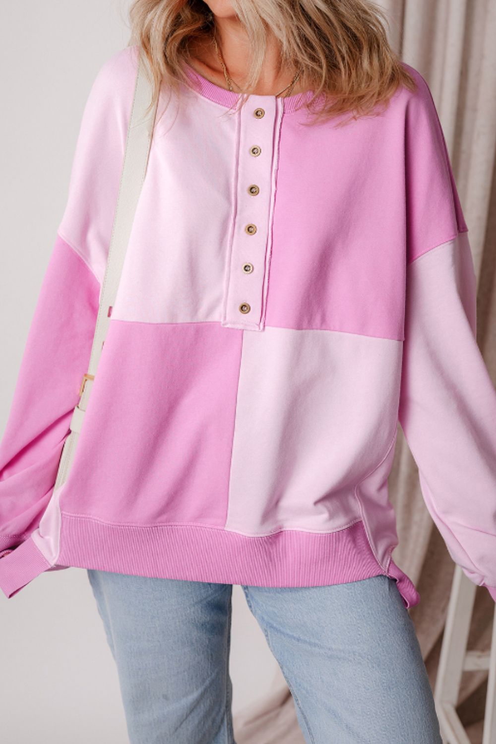 LIZAKOSHT  -  Color Block Half Button Long Sleeve Sweatshirt