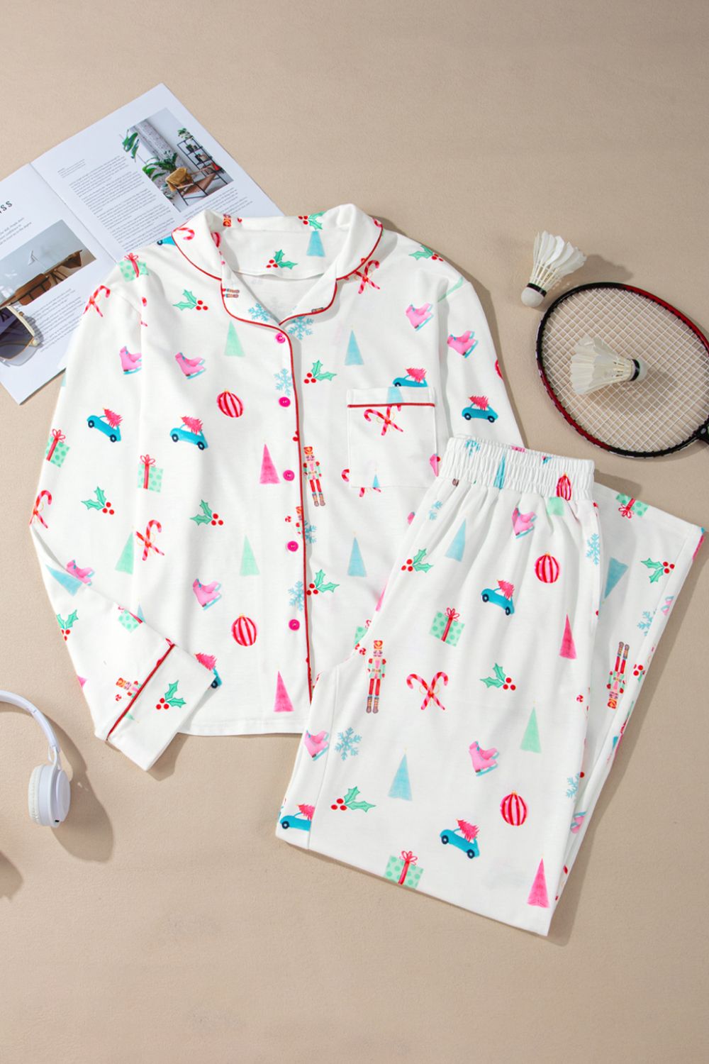 LIZAKOSHT  -  Christmas Printed Collared Neck Top and Pants Lounge Set