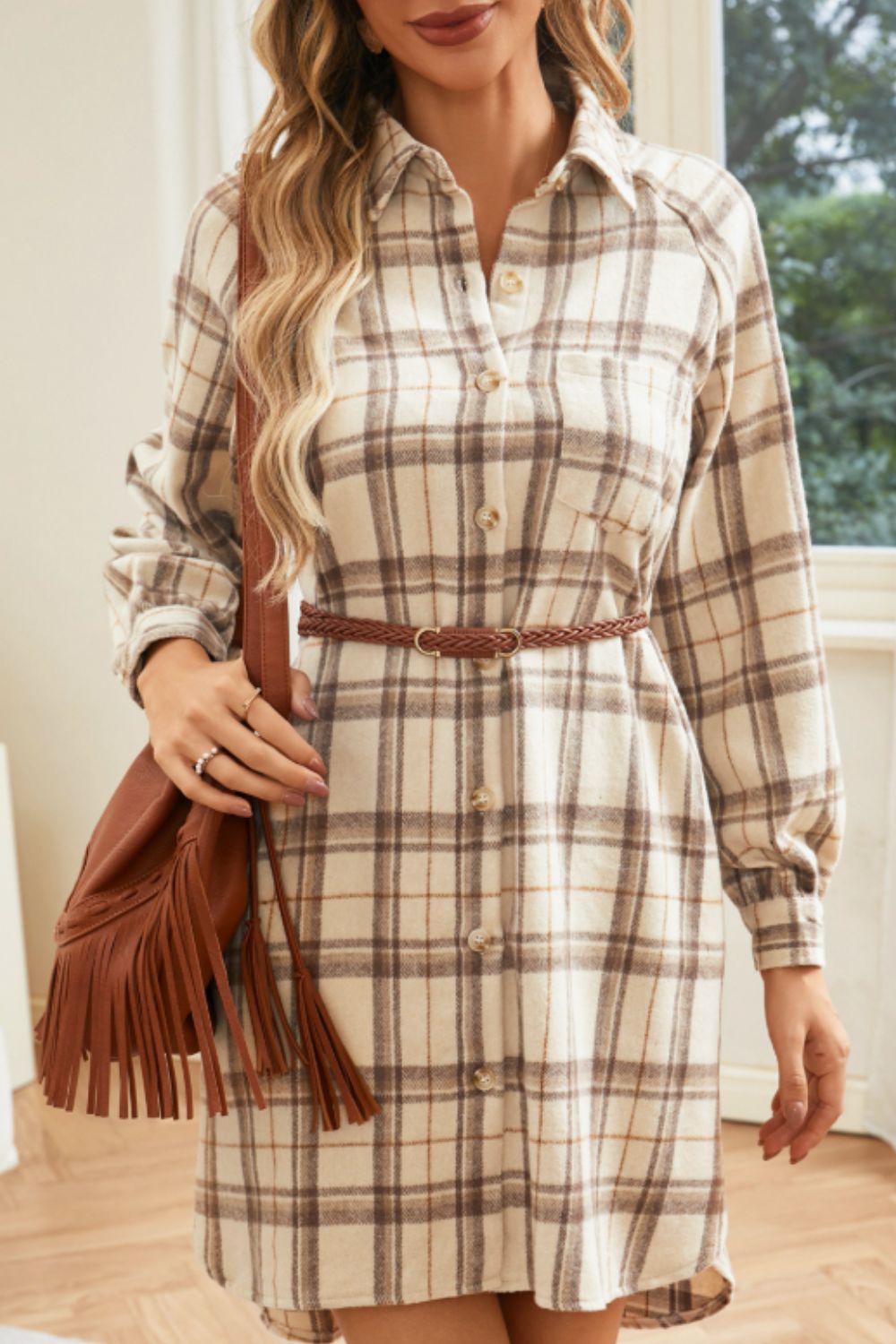 LIZAKOSHT  -  Plaid Collared Neck Long Sleeve Mini Shirt Dress