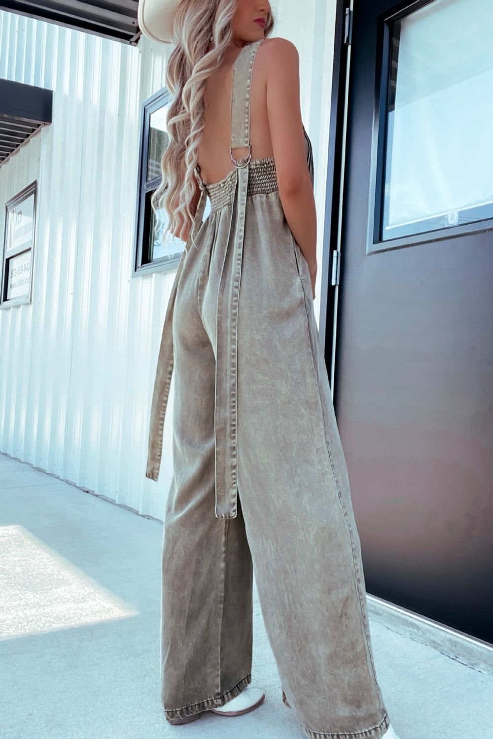 LIZAKOSHT  -  V-Neck Wide Leg Denim Jumpsuit