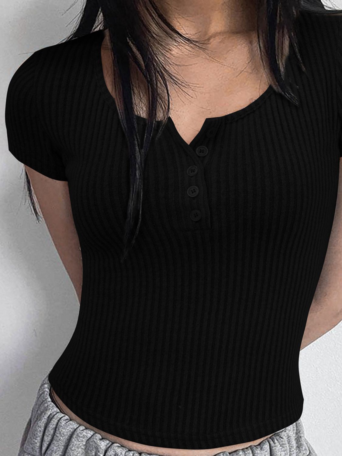 LIZAKOSHT  -  Devine Button Detail Round Neck Short Sleeve T-Shirt