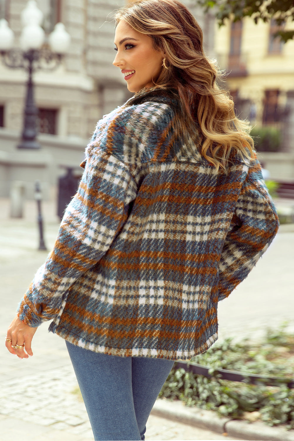 LIZAKOSHT  -  Plaid Collared Neck Jacket with Chest Pockets