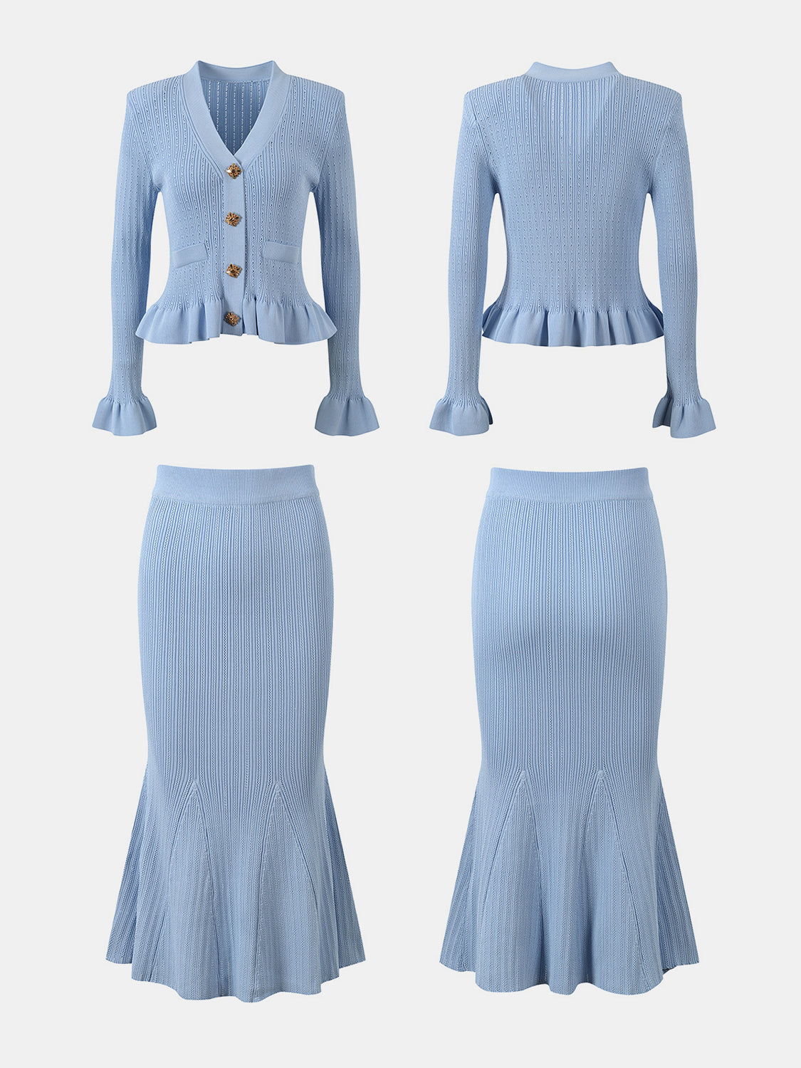 LIZAKOSHT  -  Ruffled V-Neck Top and Midi Skirt Sweater Set