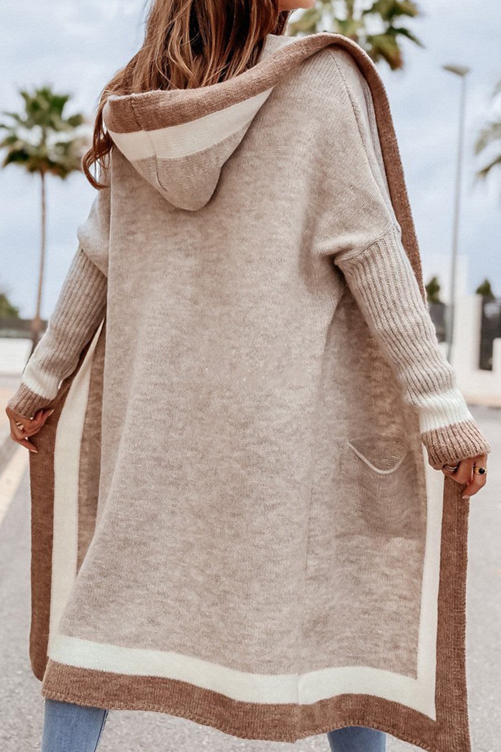 LIZAKOSHT  -  Pocketed Contrast Long Sleeve Hooded Cardigan