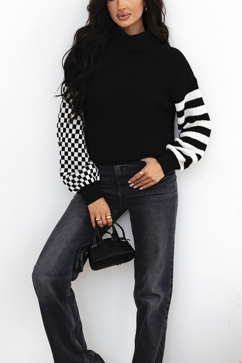 LIZAKOSHT  -  Striped & Checkered Turtleneck Dropped Shoulder Sweater
