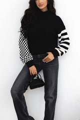 LIZAKOSHT  -  Striped & Checkered Turtleneck Dropped Shoulder Sweater