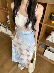 LIZAKOSHT  -  Women'S Vacation-Style Floral Check Dress with Lace Detail - Sleeveless, A-Line, Long Summer Dress for Adults, Lightweight Fabric, Perfect for Beach or Poolside, Beach Attire|Floral Print Dress|Lace Detailing, B