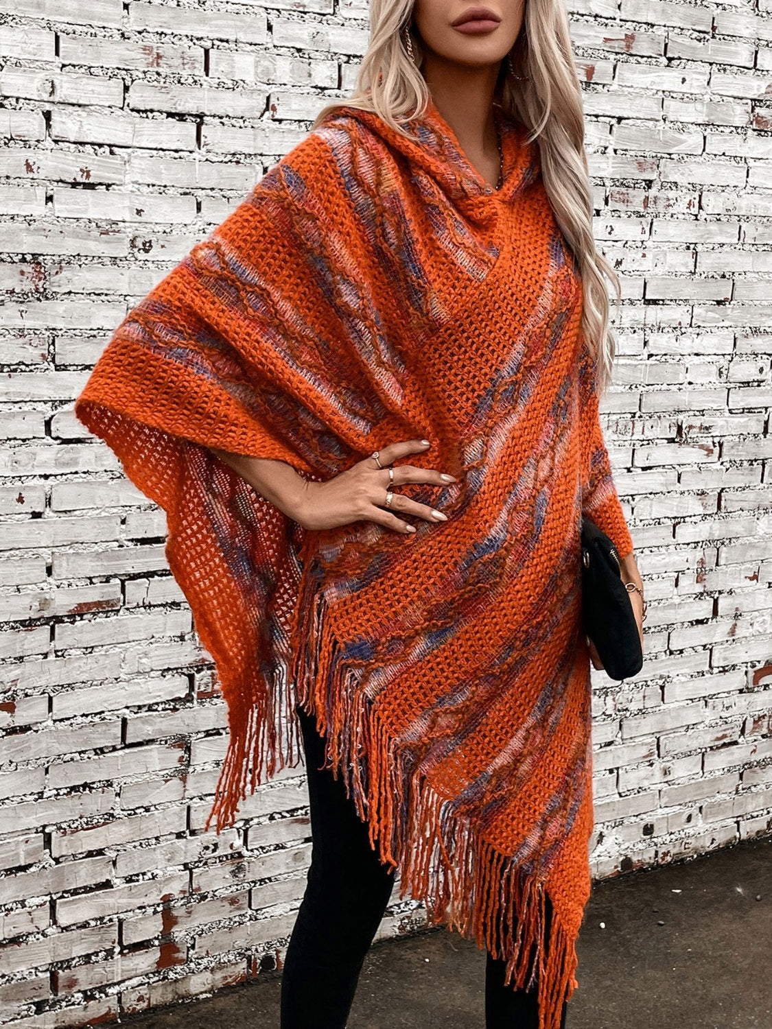 LIZAKOSHT  -  Fringe Contrast Hooded Poncho