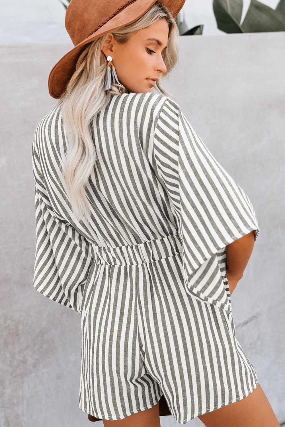 LIZAKOSHT  -  Bow Striped Kimono Sleeve Romper