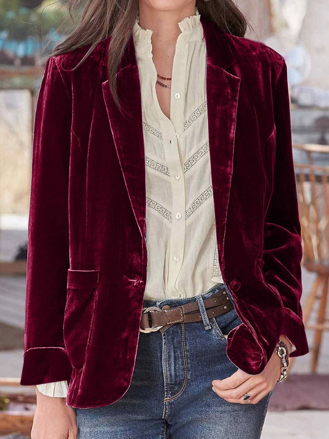 LIZAKOSHT  -  Pocketed Button Up Lapel Collar Blazer