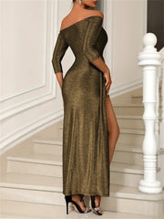 LIZAKOSHT  -  Slit Off-Shoulder Long Sleeve Midi Dress