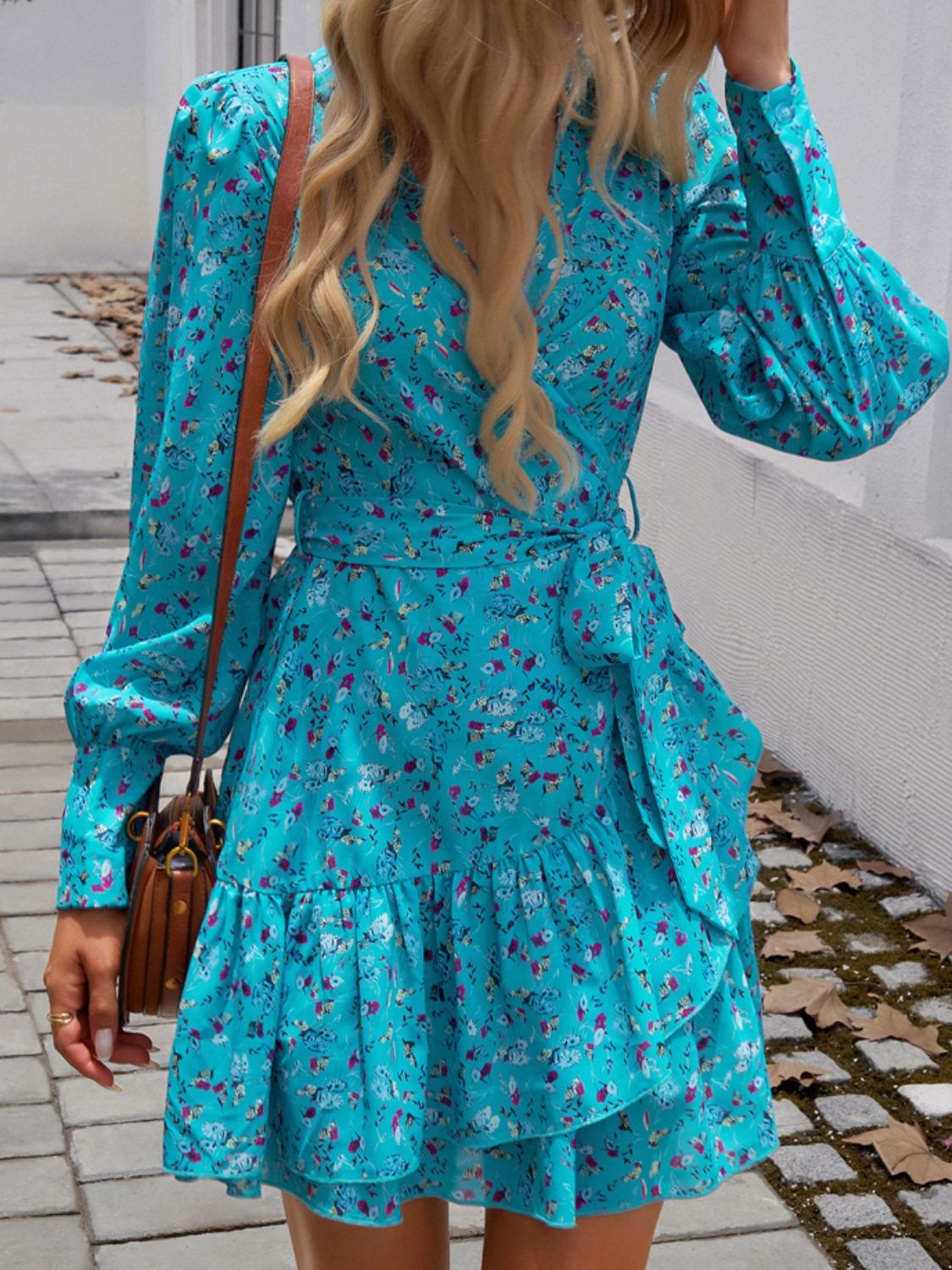 LIZAKOSHT  -  Devine Ruffled Printed Surplice Long Sleeve Mini Dress