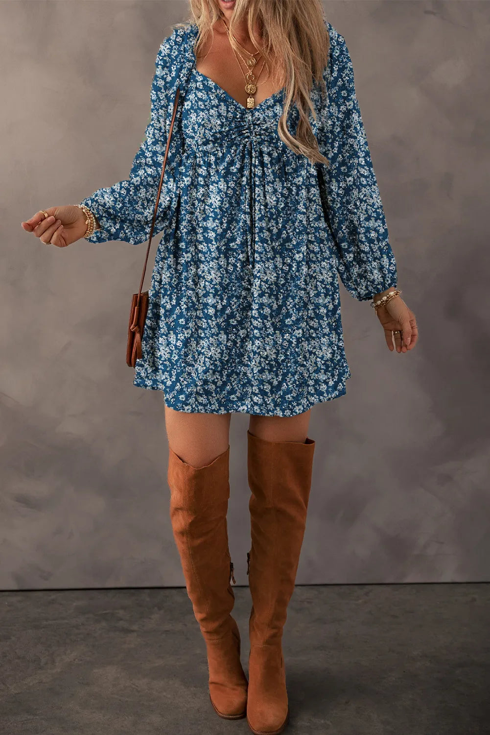 LIZAKOSHT  -  Ruched Printed Long Sleeve Mini Dress