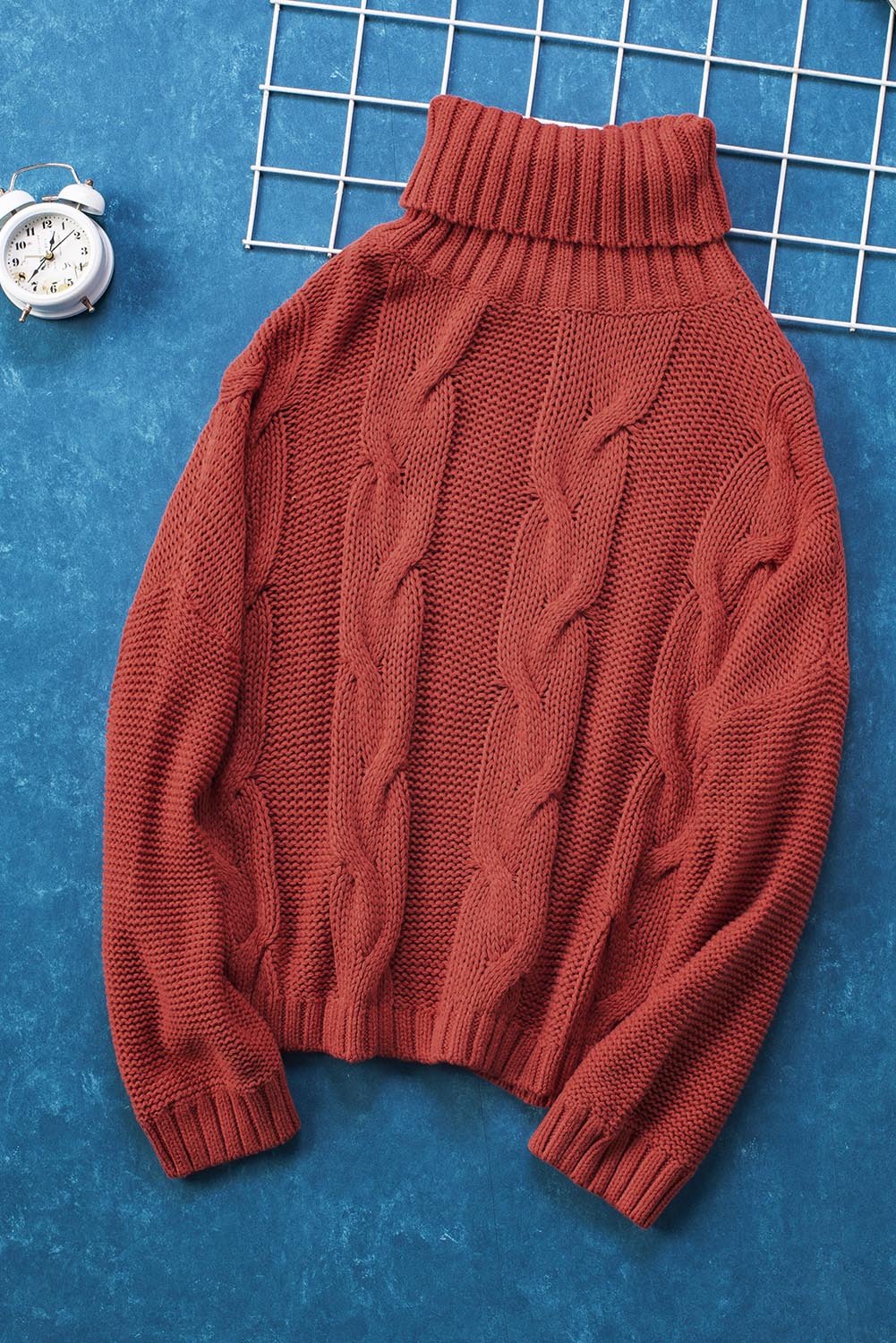 LIZAKOSHT  -  Cable-Knit Turtleneck Dropped Shoulder Sweater