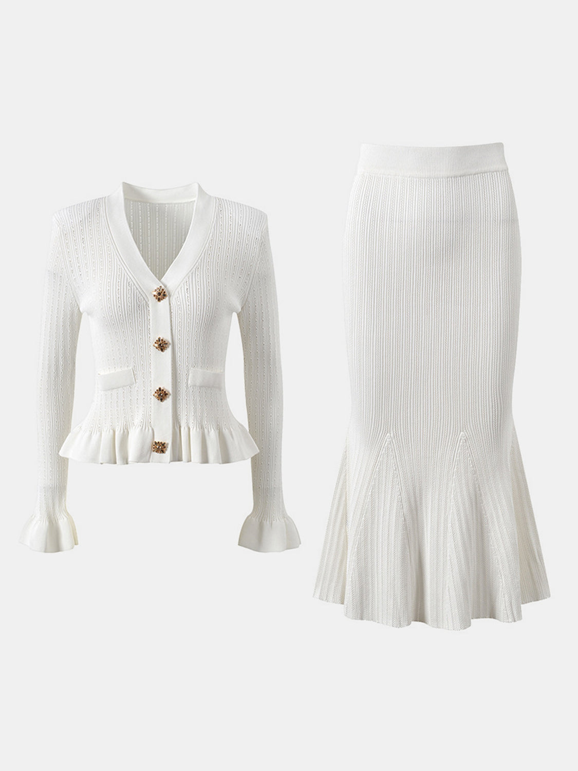 LIZAKOSHT  -  Ruffled V-Neck Top and Midi Skirt Sweater Set