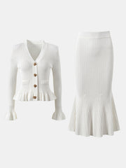 LIZAKOSHT  -  Ruffled V-Neck Top and Midi Skirt Sweater Set