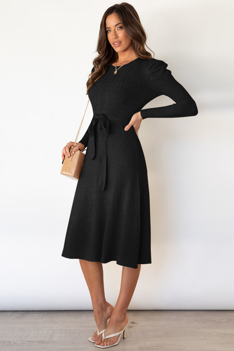 LIZAKOSHT  -  Round Neck Long Sleeve Tie Waist Sweater Dress