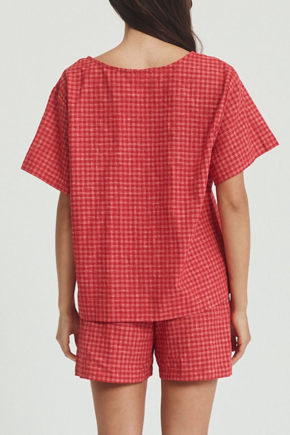 LIZAKOSHT  -  Plaid Tied Scoop Neck Short Sleeve Top and Drawstring Shorts Set