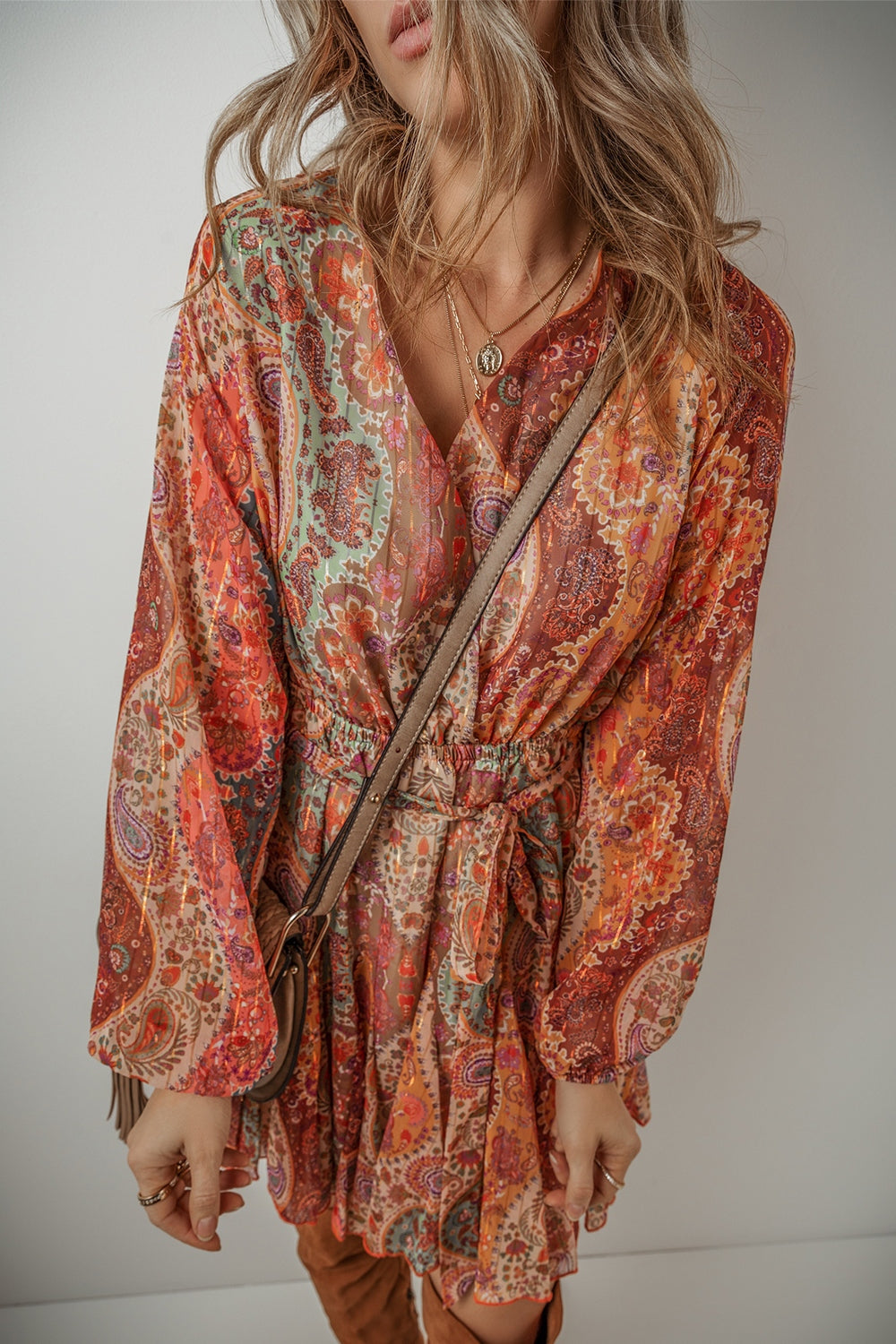LIZAKOSHT  -  Tied Printed Balloon Sleeve Mini Dress