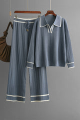 LIZAKOSHT  -  Contrast Trim Johnny Collar Top and Drawstring Pants Sweater Set