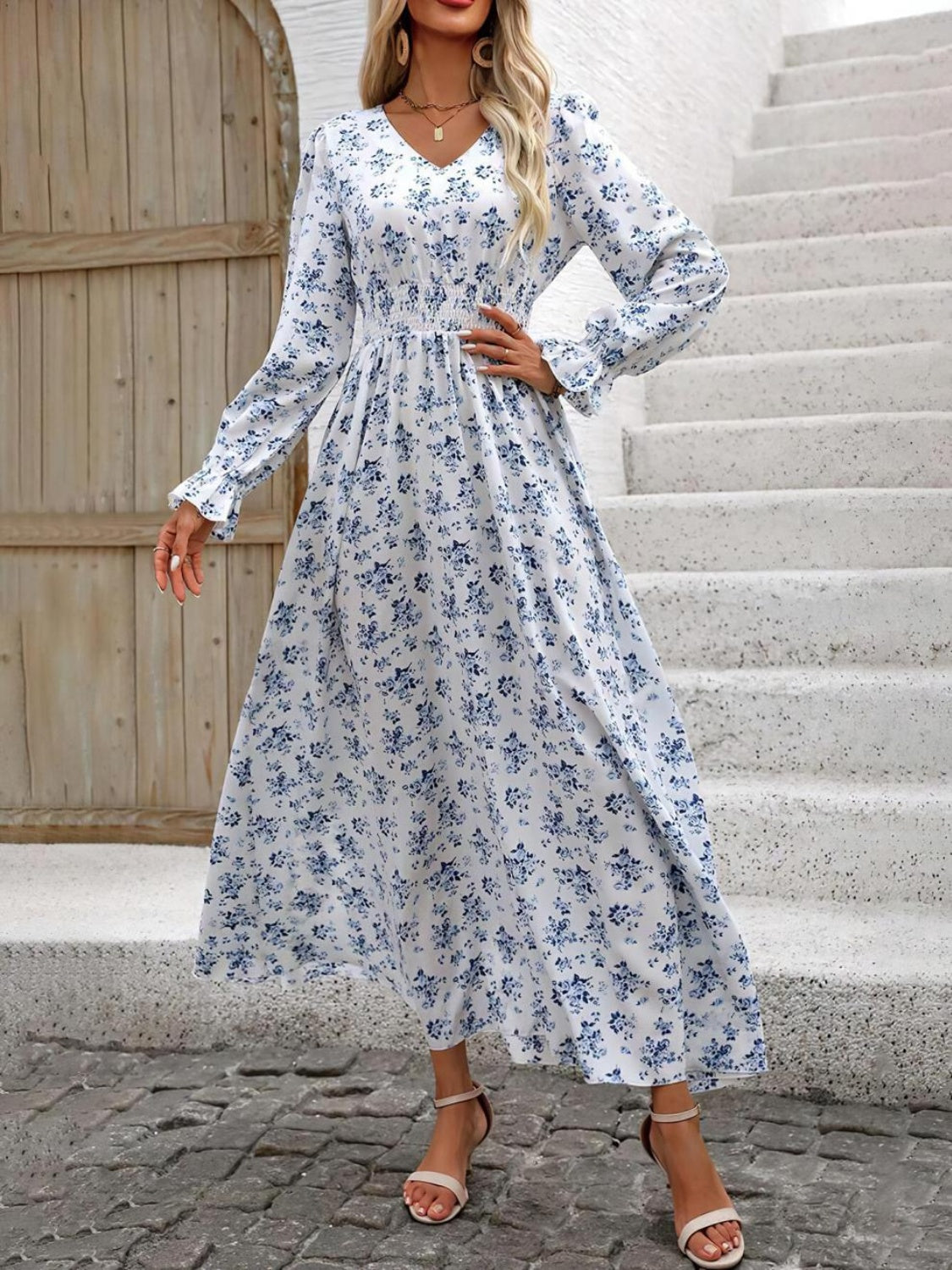 LIZAKOSHT  -  Smocked Printed V-Neck Flounce Sleeve Dress