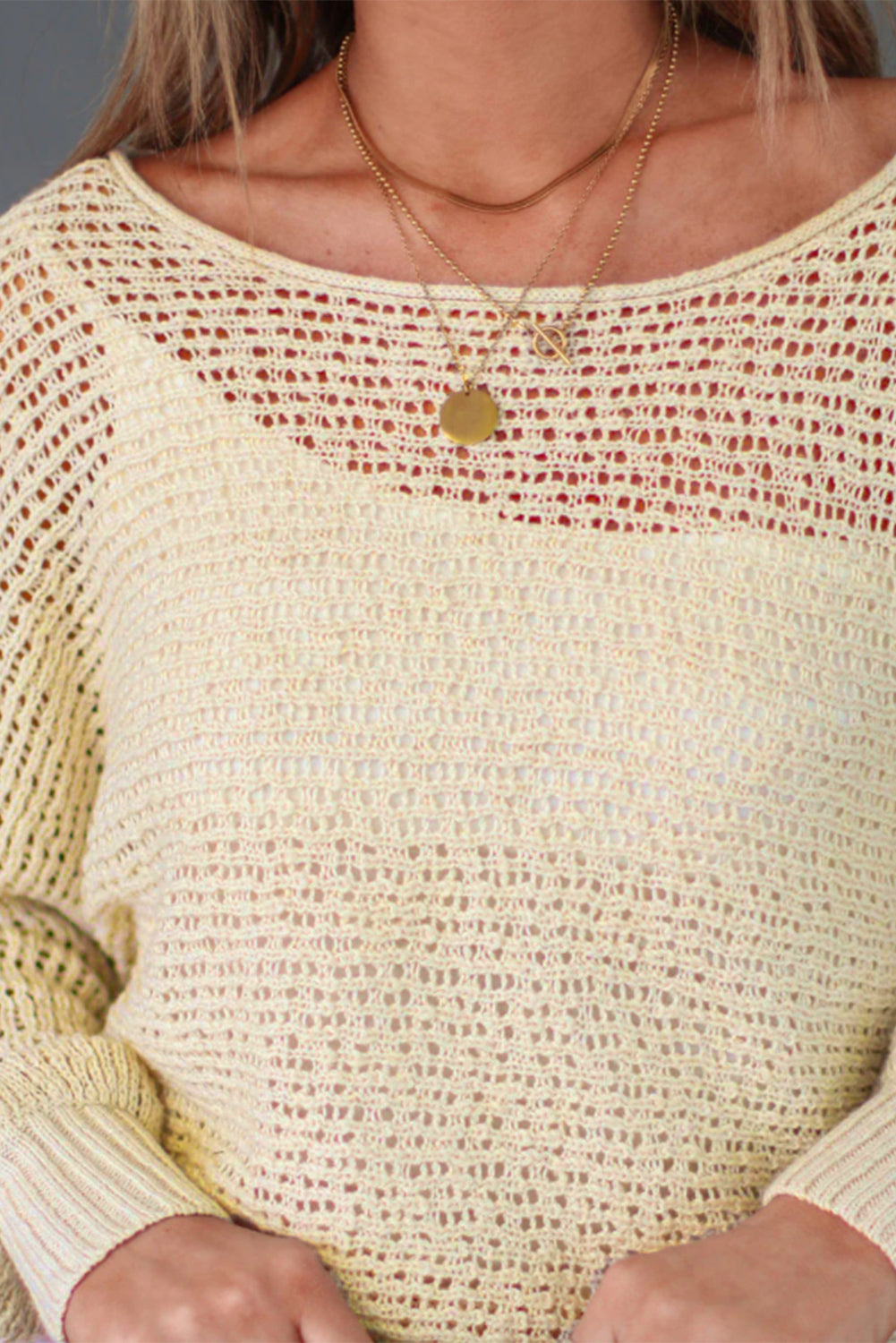 LIZAKOSHT  -  Openwork Boat Neck Raglan Sleeve Knit Top
