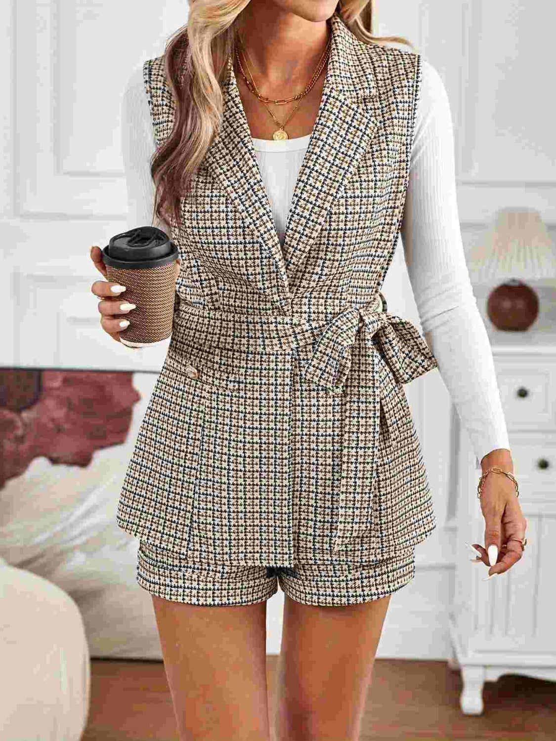 LIZAKOSHT  -  Tied Plaid Collared Neck Vest and Shorts Set