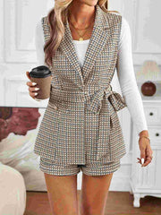 LIZAKOSHT  -  Tied Plaid Collared Neck Vest and Shorts Set