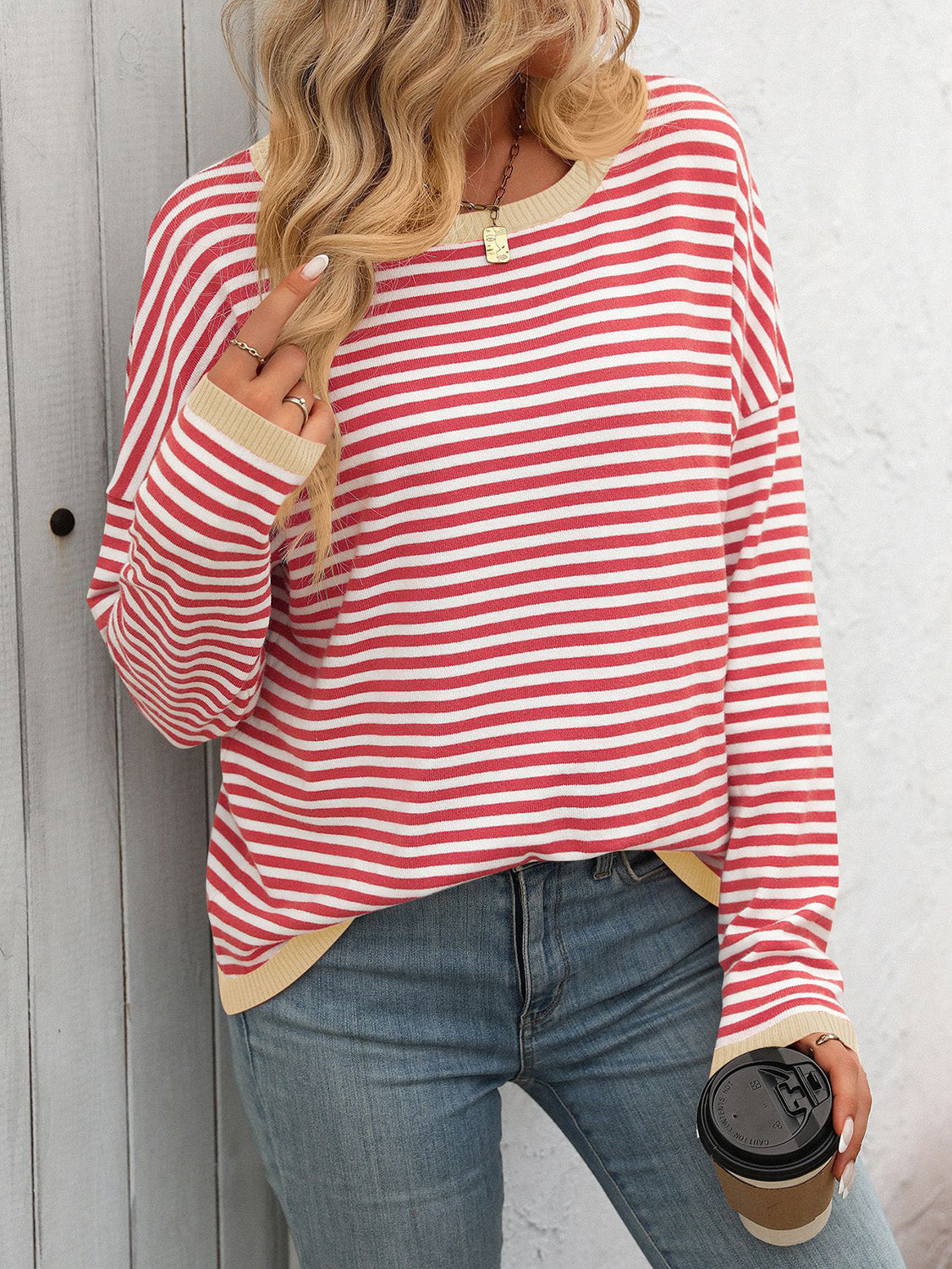 LIZAKOSHT  -  Striped Round Neck Long Sleeve Sweater