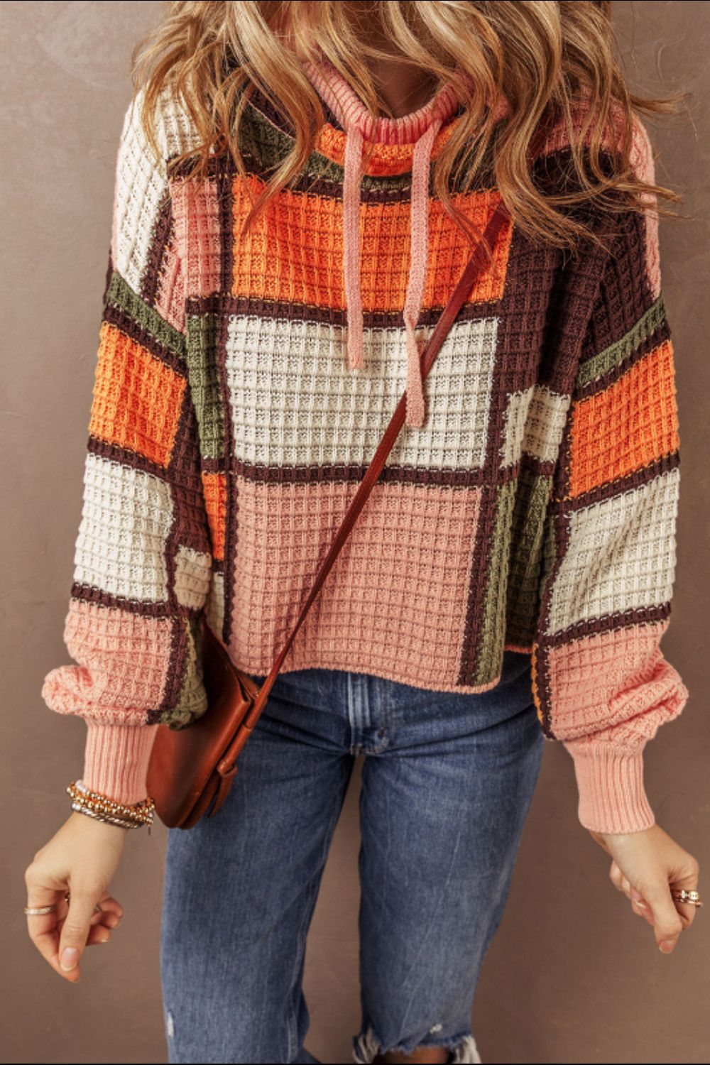 LIZAKOSHT  -  Drawstring Color Block Mock Neck Sweater