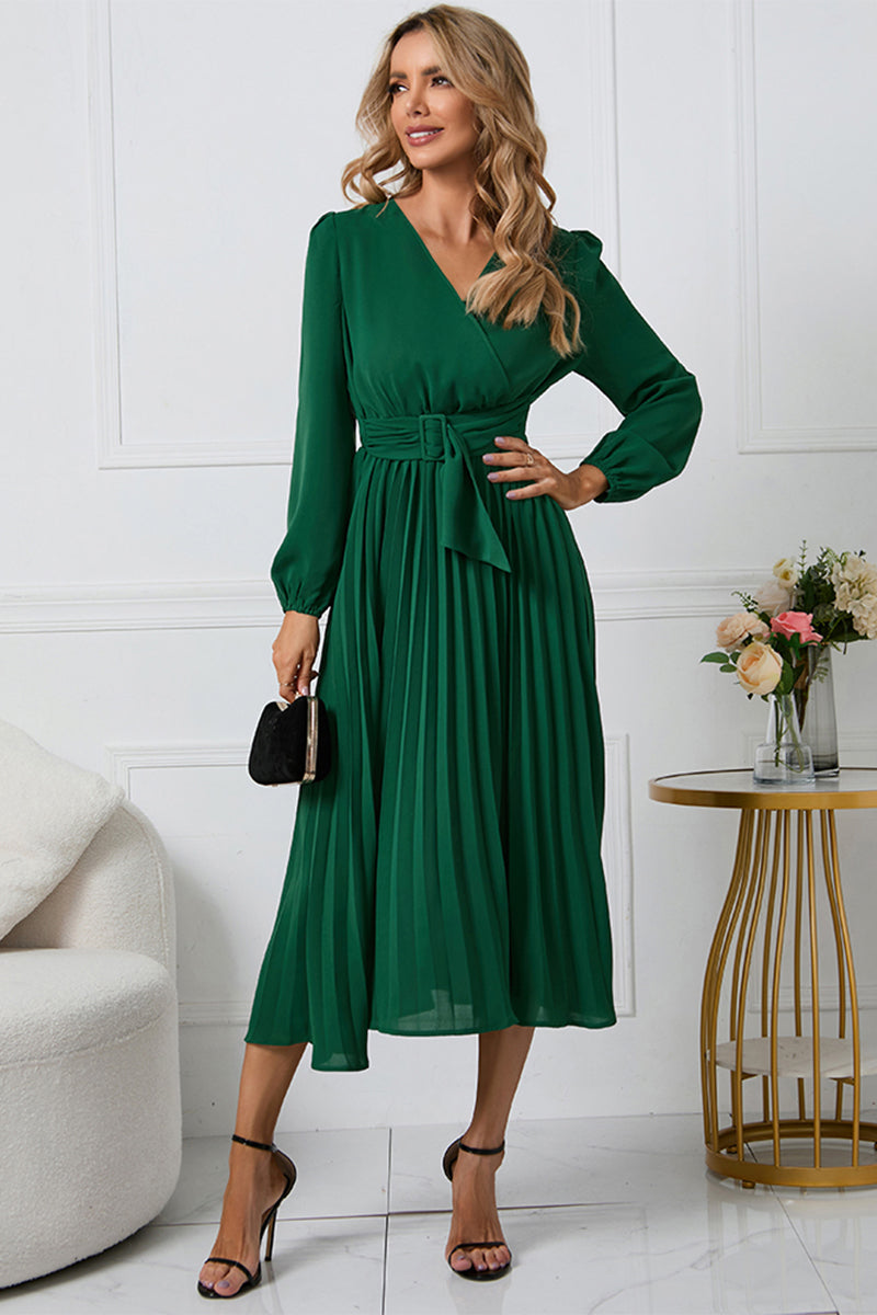 LIZAKOSHT  -  V-Neck Long Sleeve Tie Waist Midi Dress