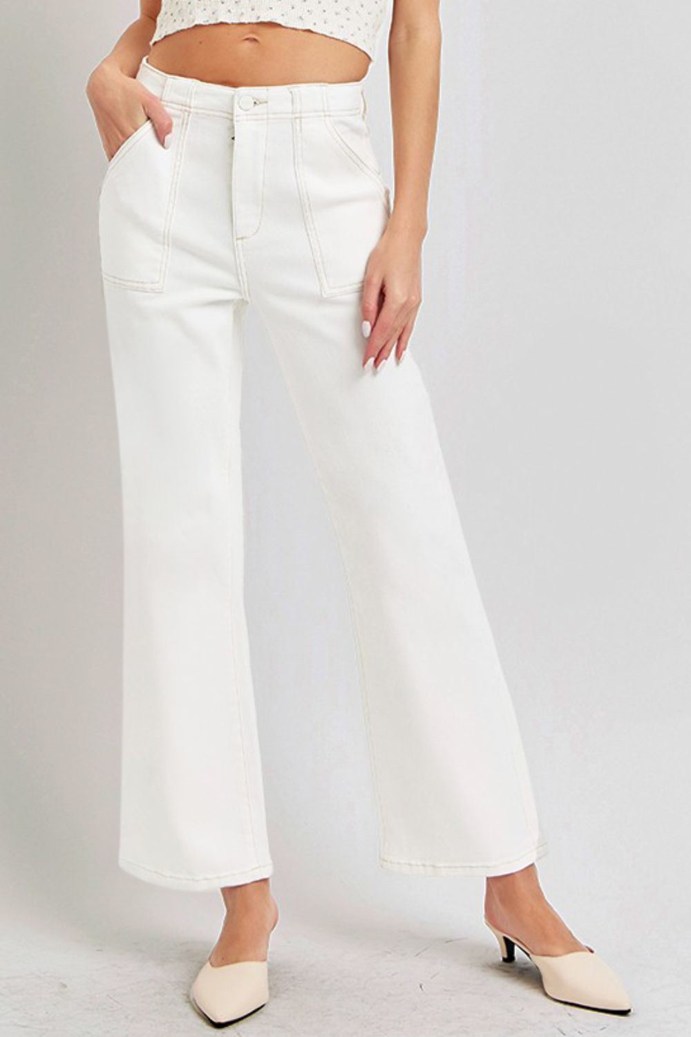 LIZAKOSHT  -  High Rise Ankle Flare Jeans with Patch Pockets