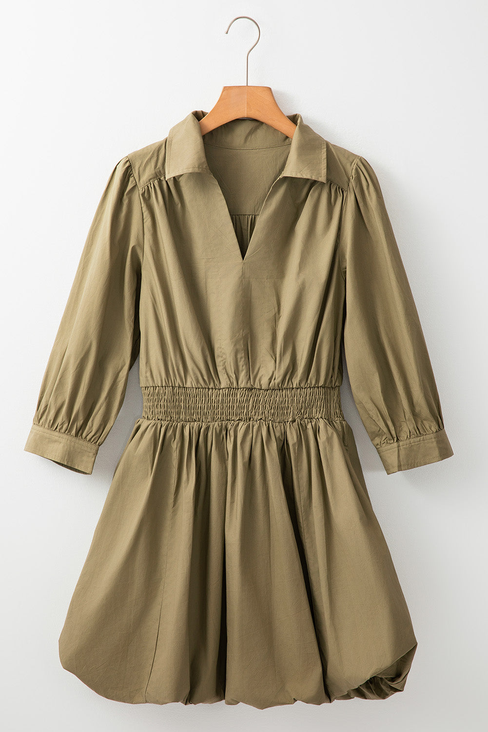 LIZAKOSHT  -  Smocked Johnny Collar Three-Quarter Sleeve Mini Dress