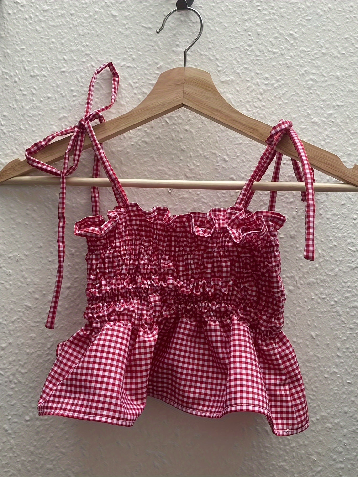LIZAKOSHT  -  Y2K-Inspired Red & White Gingham Print Crop Camisole for Women - Sleeveless Tie-Strap Top with Ruffled Hem, Casual Streetwear & Clubwear, Machine Washable Polyester, Club Fashion Top | Offshoulder Camisole | Pol