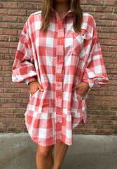 LIZAKOSHT  -  Plaid Collared Neck Long Sleeve Shirt Dress