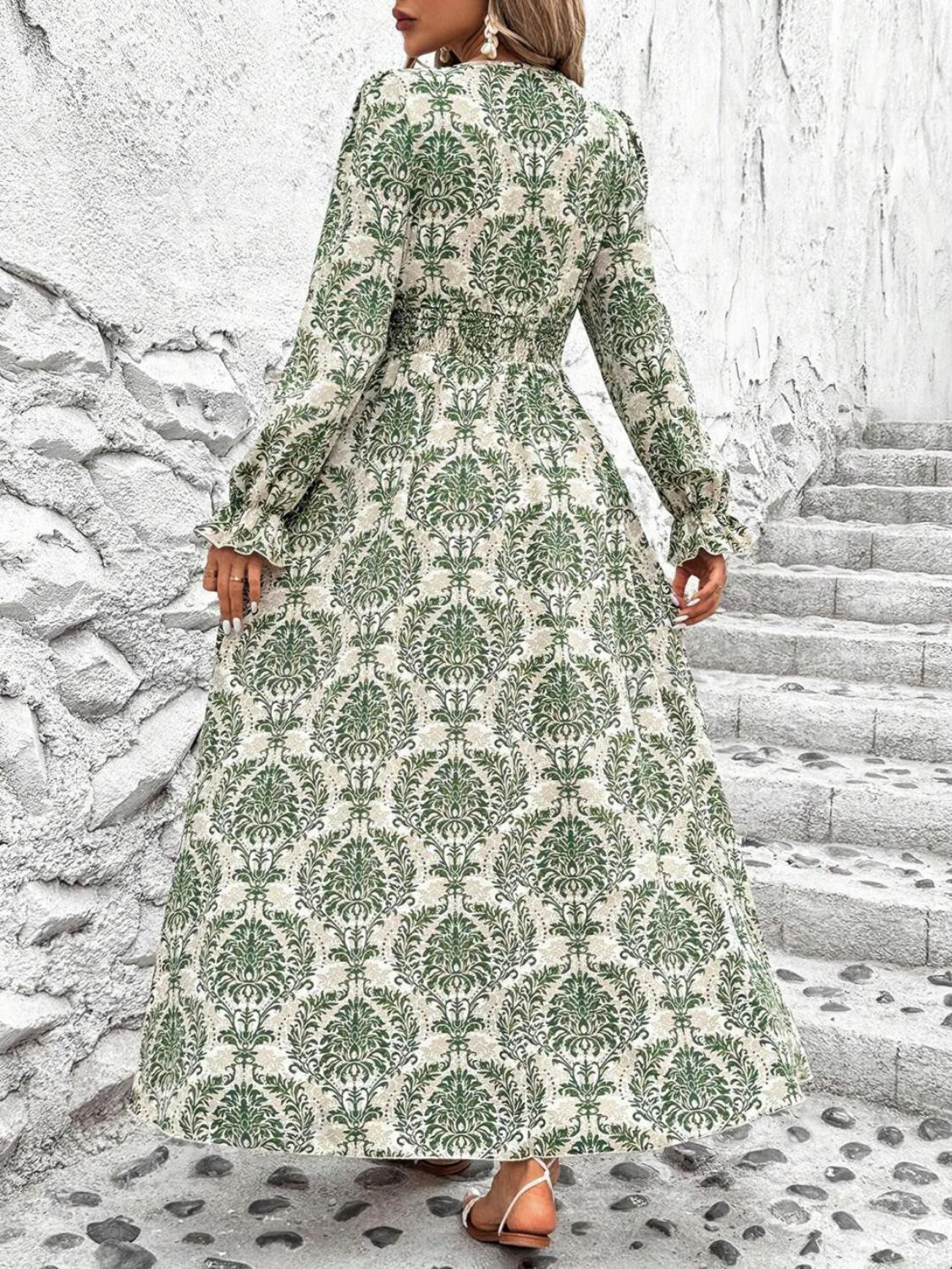 LIZAKOSHT  -  Smocked Printed V-Neck Flounce Sleeve Dress